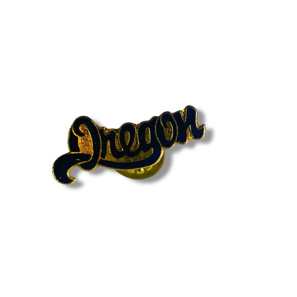 Vintage Oregon Lapel Pin Goldtone Navy Blue Script 1.25" - Picture 4 of 5